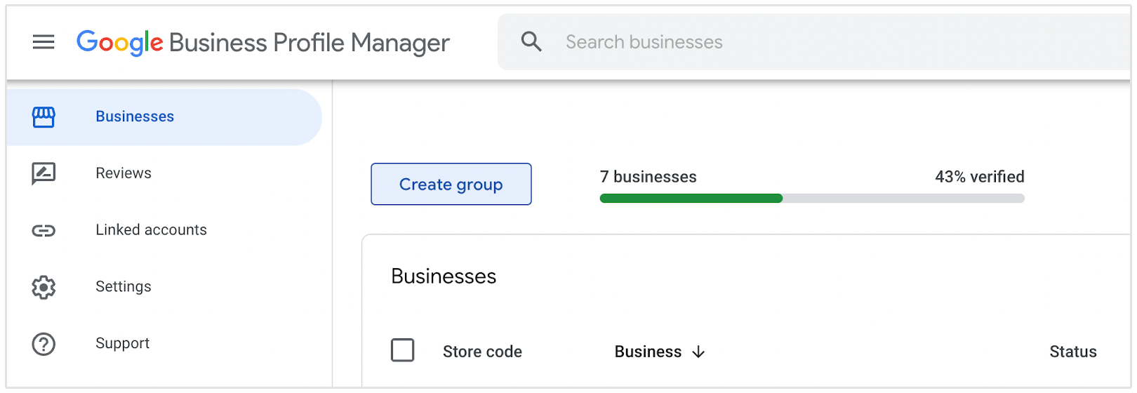 Businesses tab in Google Business Manager